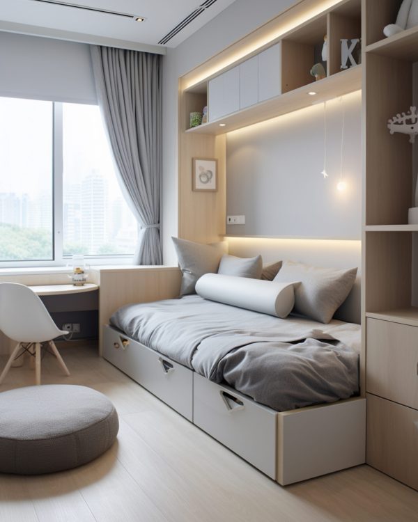 [The modern minimalist style,bedroom,window ledge platform with built-in cabinets, small windows, toddler bed, cute children's decorations and hanging pictures, soft furnishings in the space, high-quality photos, UHD --ar 3:4 --stylize 50 --v 5.2 Job ID: b9394185-d85b-4c66-a978-c7cec6a24984