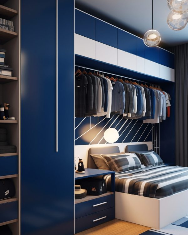 15 year old boy bedroom wardrobe, dynamic, lively, modern, dark blue and white --ar 9:16 --v 5.2 Job ID: fd10715f-22c6-49c0-a250-935df9da1f56