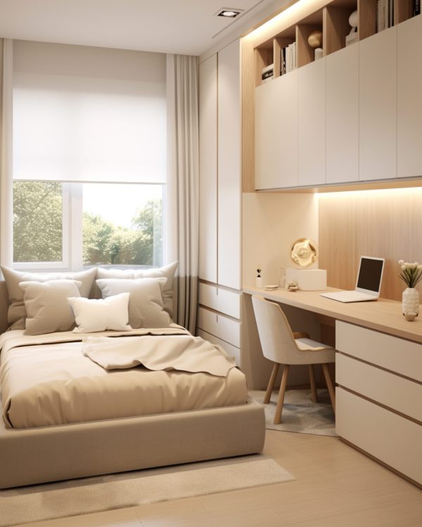 Modern creamy style,bedroom, platform bed is by the small window, window seat rest area, floor cabinets, with all wall superflat wardrobe, soft furnishings in the space, high-quality photos, UHD --ar 3:4 --stylize 50 --v 5.2 Job ID: 8079d5bf-7131-4f8d-b579-236aeeee0c89